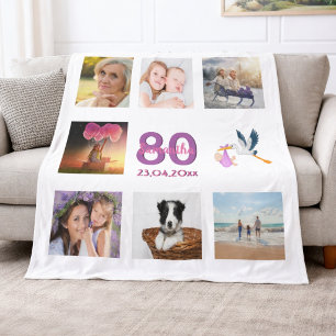 Couverture Polaire collage photo d'anniversaire 80 ans blanc