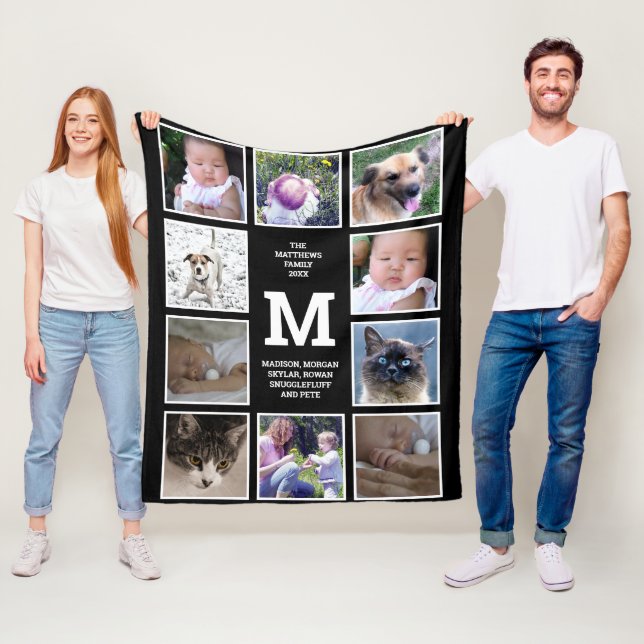 Couverture Polaire Collage Photo Monogramme noir et blanc 10 Photo (En situation)