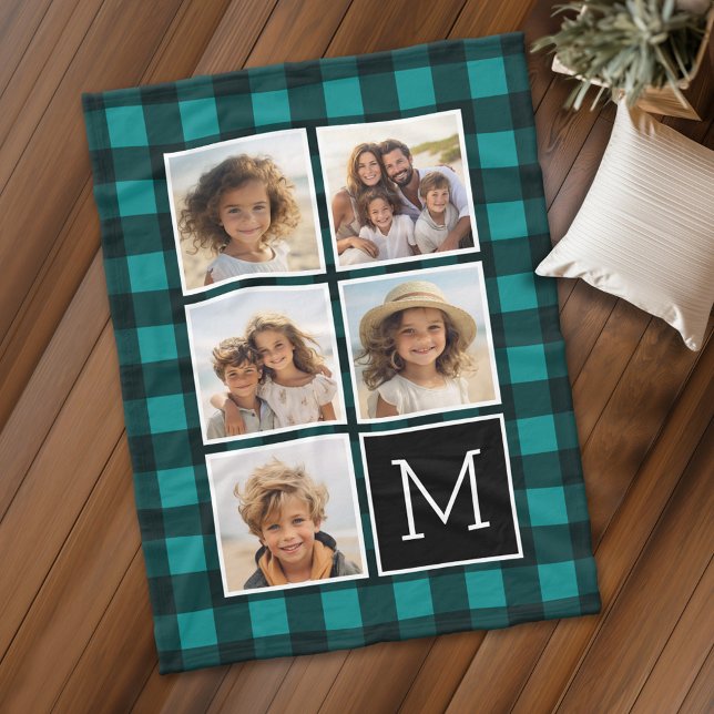 Couverture Polaire Collage photo - Monogramme Turquoise Buffalo noir  (Personalized fleece blanket with 5 photos and a monogram)