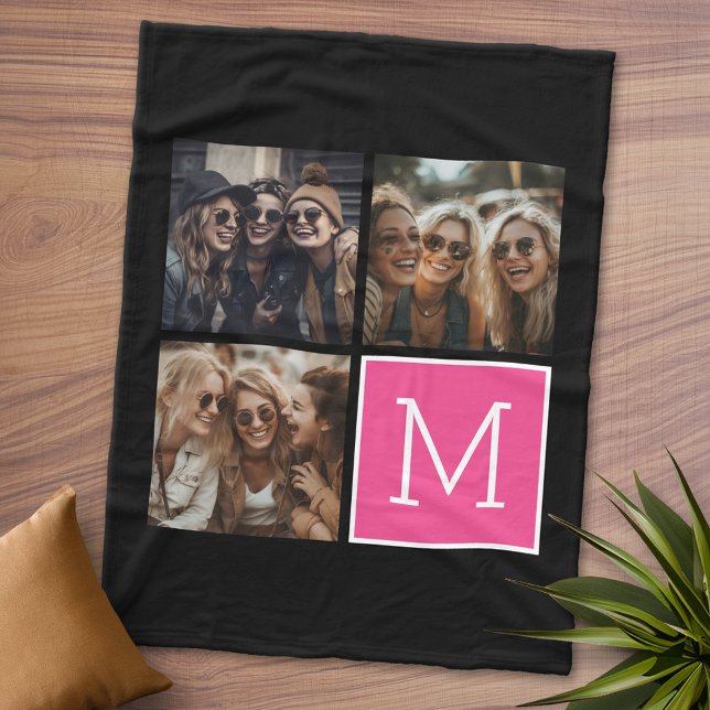 Couverture Polaire Collage photo tendance noir et rose avec Monogramm (Personalized Fleece Blanket - Add Photos and Text or Customize completely in advanced design area)