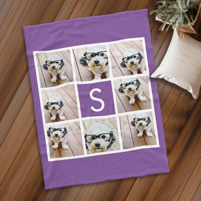 Couverture Polaire Collage photo violet et blanc Monogramme personnal (Personalized fleece blanket with 8 photos and a monogram)