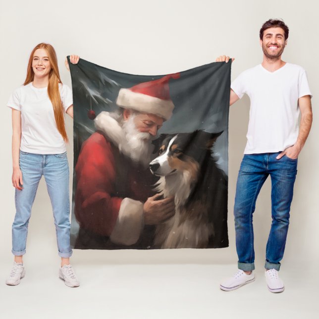 Couverture Polaire Collie frontalier avec Noël Festif du Père Noël (En situation)