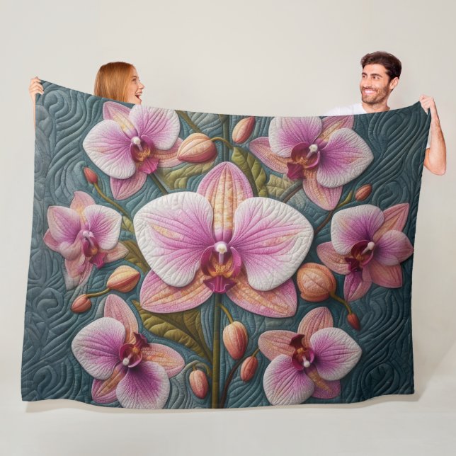 Couverture Polaire Conception d'orchidée violette dorée (En situation)