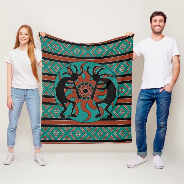 Couverture Polaire Conception Sud-Ouest Turquoise Tribal Sun Kokopell (En situation)