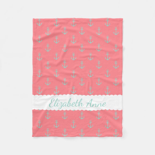 Couverture Polaire Cool Aqua Ancres sur Coral Pink Personnalisé (Devant)