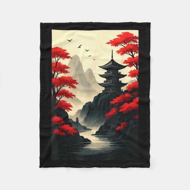 Couverture Polaire Cool Japanese Pagoda Castle Mountain Landscape Gra (Devant)