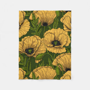 Couverture Polaire Coquelicots jaunes sur vert foncé