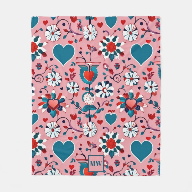 Couverture Polaire Coquette, monogramme floral et motif cardiaque (Devant)