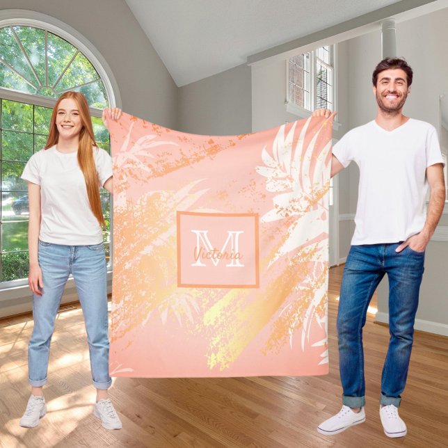 Couverture Polaire Corail rose or tropical palmier feuilles (Créateur téléchargé)