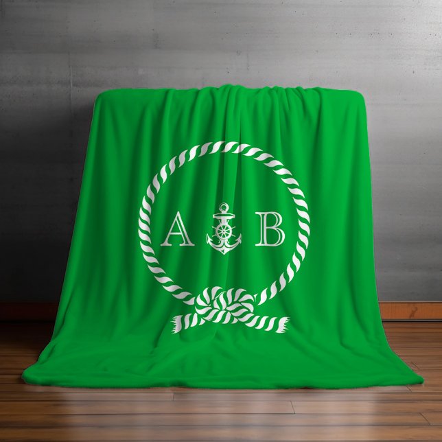 Couverture Polaire Corde marine verte et Ancre Monogrammé (Créateur téléchargé)
