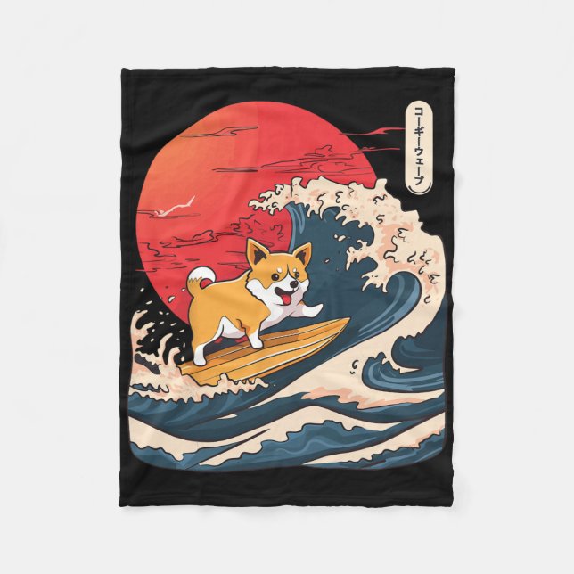Couverture Polaire Corgi Surfant sur la Vague Japonaise _4  (Devant)