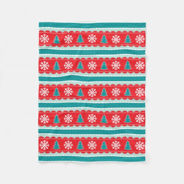 Couverture Polaire Cosy Noël Arbres Snowflakes Rouge et Motif Turquoi (Devant)