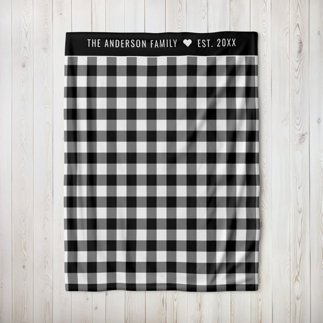 Couverture Polaire Cosy noir et blanc Buffalo Plaid Family Monogramme (Créateur téléchargé)