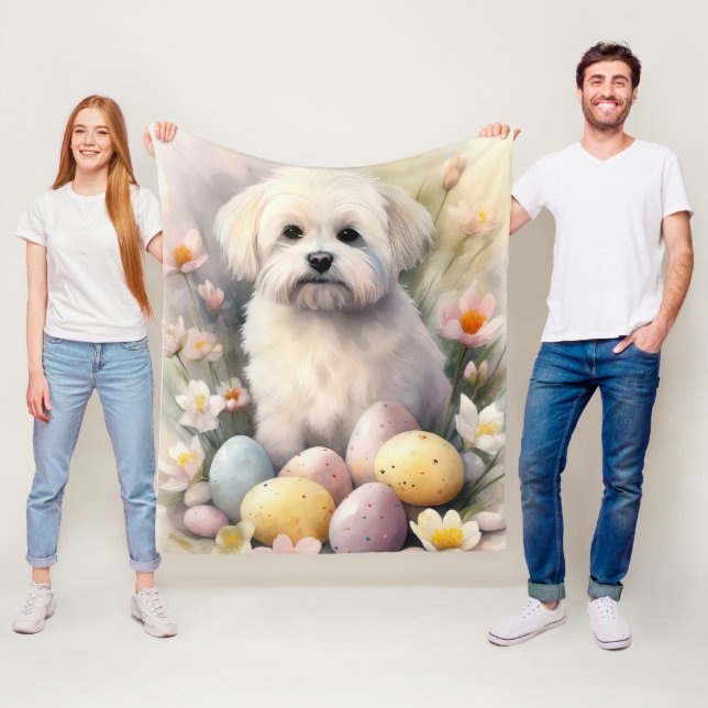 Couverture Polaire Coton De Tulear avec oeufs de Pâques vacances (En situation)