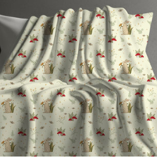 Couverture Polaire Cottagecore Beige Botanique Rouge Champignon Forêt