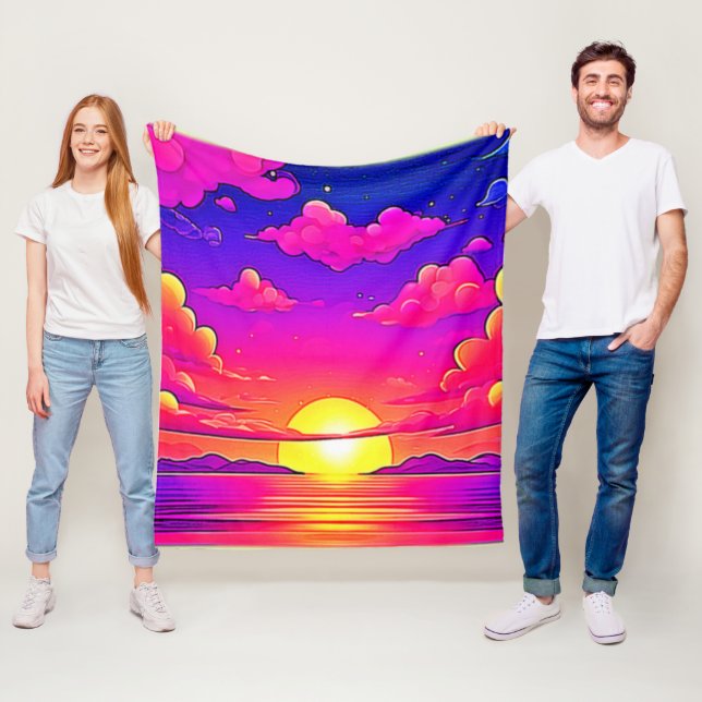 Couverture Polaire Coucher de soleil rose et violet (En situation)
