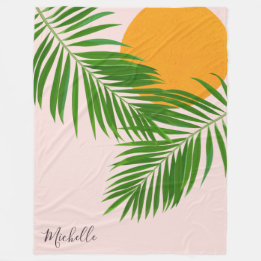 Couverture Polaire Coucher de soleil tropical rétro feuilles de palmi
