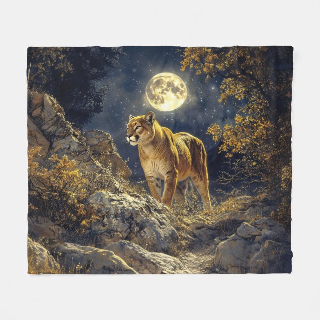 Couverture Polaire Cougar in the Moonlight Wildlife Art (Devant (Horizontal))