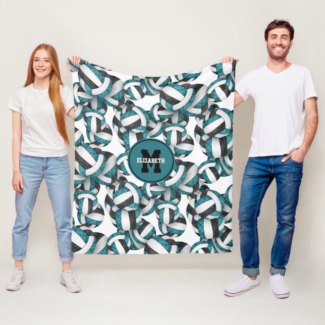 Couverture Polaire Couleurs de club de volley-ball noir turquoise (En situation)