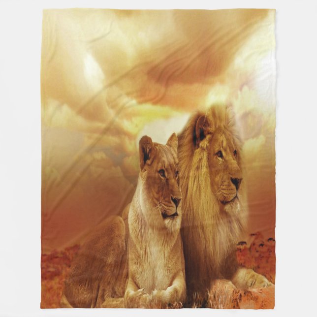 Couverture Polaire Couple de lion au coucher du soleil (Devant)