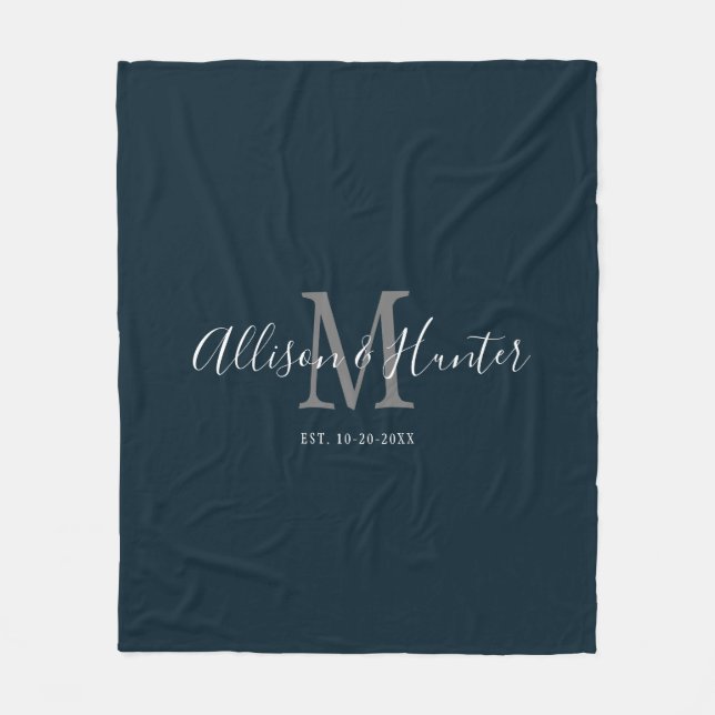 Couverture Polaire Couple de Monogramme bleu marine moderne (Devant)
