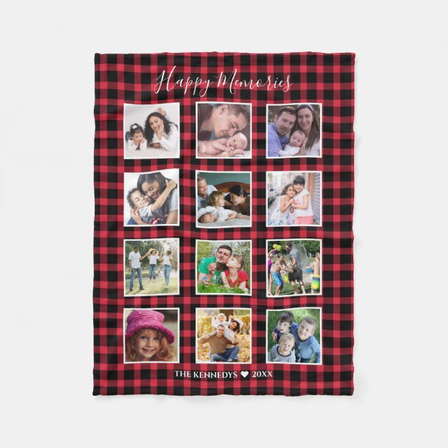 Couverture Polaire Coutume 12 Collage Photo Famille Red Buffalo Plaid (Devant)
