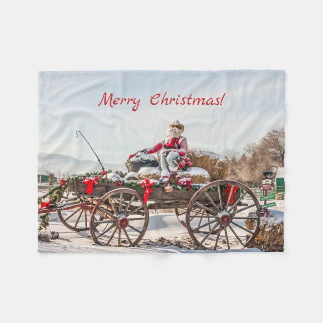 Couverture Polaire Cowboy Père Noël - Wagon avec Hay Bales (Devant (Horizontal))