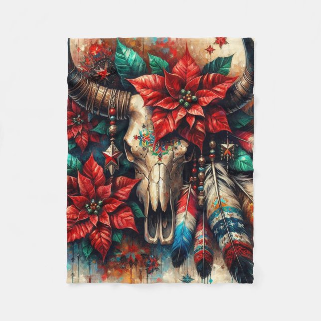 Couverture Polaire Crâne de la vache de Noël Poinsettias plumes (Devant)