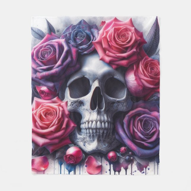 Couverture Polaire Crâne entouré de Roses dynamiques (Devant)