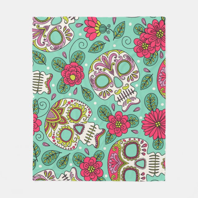 Couverture Polaire Crâne et fleurs mexicaines, sans soudure. (Devant)