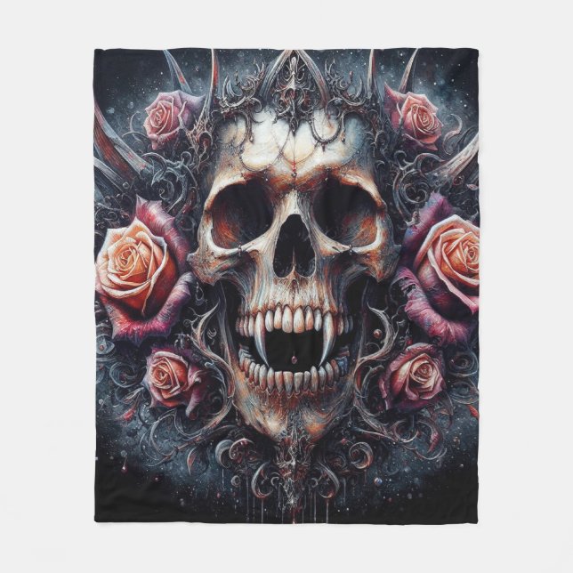 Couverture Polaire Crâne gothique orné de Rose (Devant)