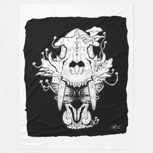 Couverture Polaire Crâne noir et blanc de tigre et mousse Blanche pol (Devant)