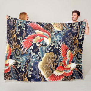 Couverture Polaire CRANES DE VOL, VAGUES, FLEURS DE PRINTEMPS Japonai