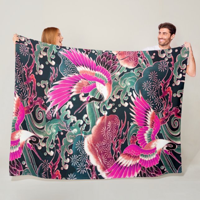 Couverture Polaire CRANES DE VOL, VAGUES, FLEURS Rose Japonais Floral (En situation)