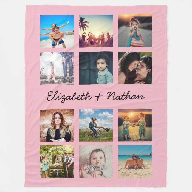 Couverture Polaire Create Your Custom 12 Photo Collage Family Pink (Devant)