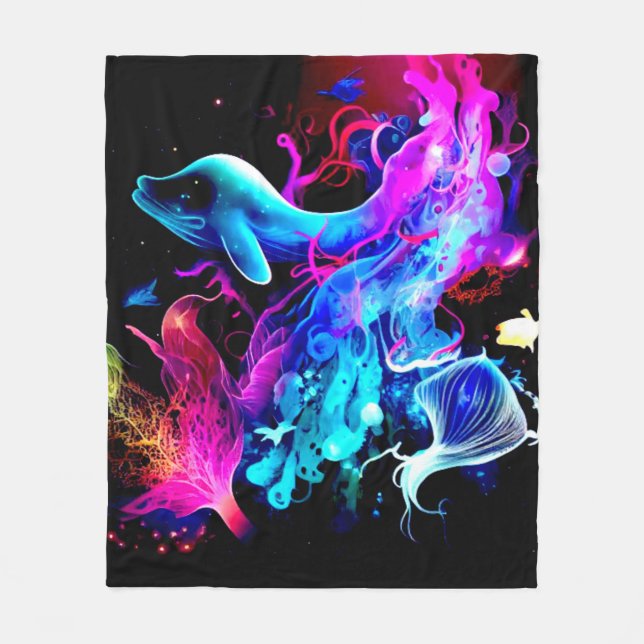 COUVERTURE POLAIRE CRÉATURES MARITIMES, ANIMAUX MARINS COULEUR LUMINE (Devant)