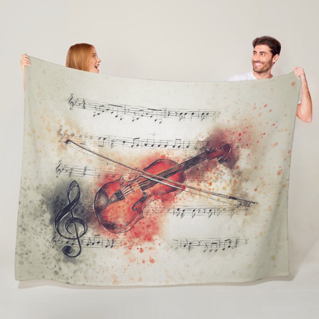 Couverture Polaire Crème rouille Noir Aquarelle Violon Feuille Musiqu (En situation)