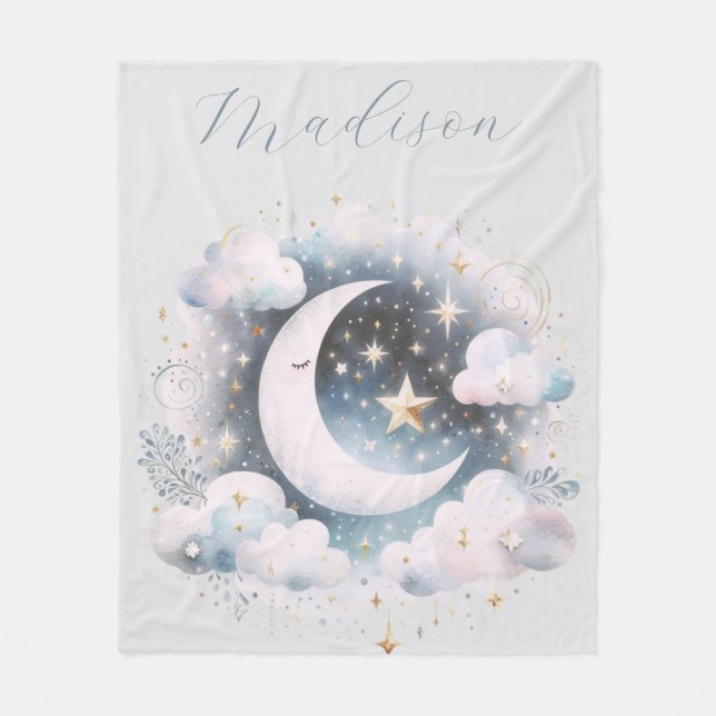 Couverture Polaire Croissant de Lune Céleste Bleu et Blanc Bohème Mod (Devant)