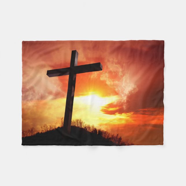 Couverture Polaire Croix religieuse de Pâques au coucher du soleil (Devant (Horizontal))