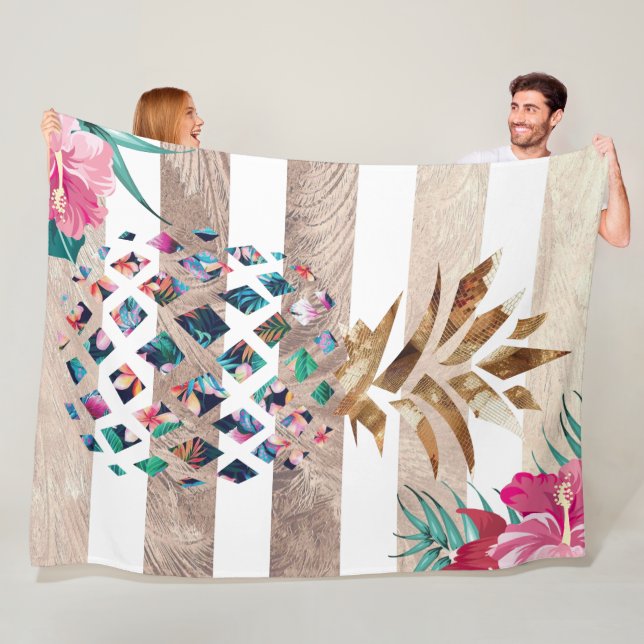 Couverture Polaire Cute ananas or rayé (En situation)