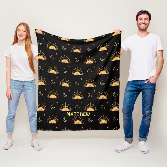 Couverture Polaire Cute Black Jaune Boho Celestial Motif sans couture (En situation)