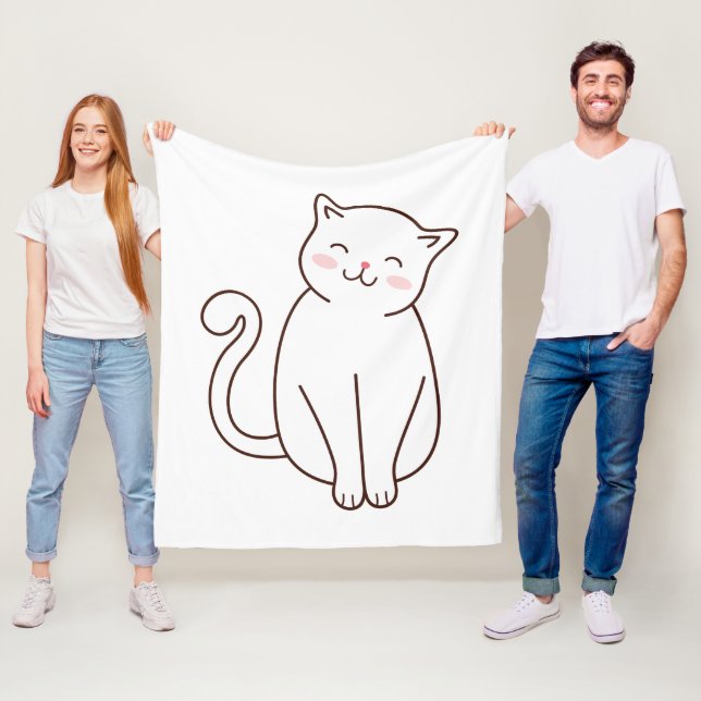 Couverture Polaire Cute Blanc Kawaii Chat souriant (En situation)
