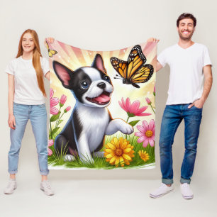 Couverture Polaire Cute Boston Terrier Chiot Jouant Avec Papillon