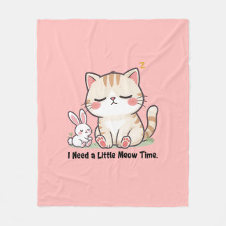 Couverture Polaire Cute Cat and Rabbit "I Need a Little Meow Time"