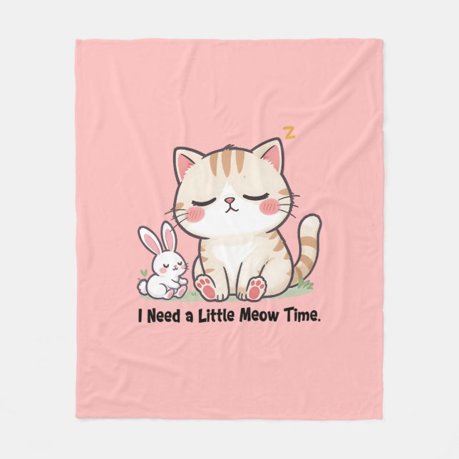 Couverture Polaire Cute Cat and Rabbit "I Need a Little Meow Time"  (Devant)