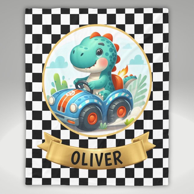 Couverture Polaire Cute Dinosaur conduire une voiture de course (Créateur téléchargé)