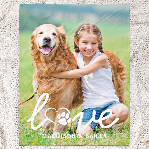 Couverture Polaire Cute Dog LOVE Empreinte de patte Custom Pet Photo 