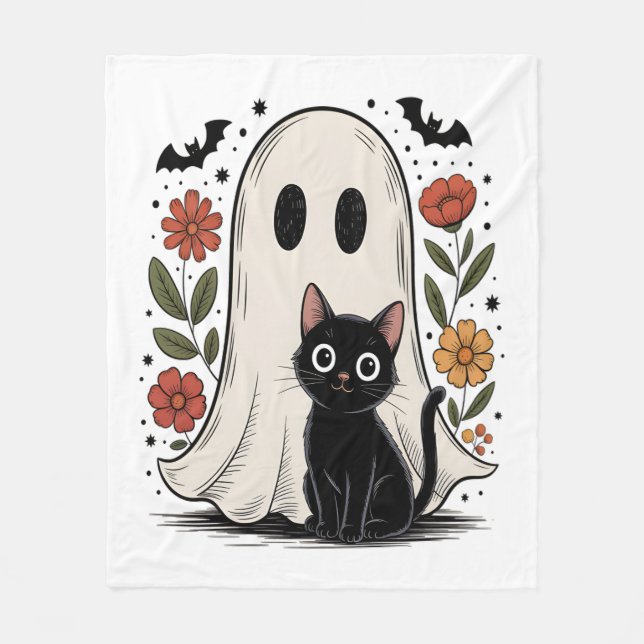 Couverture Polaire Cute Fantôme d'Halloween et chat (Devant)