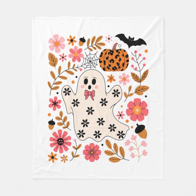 Couverture Polaire Cute Fantôme et Citrouille Floral Éffrayant (Devant)