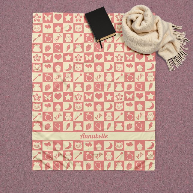 Couverture Polaire Cute Girl Moderne rose À damiers Icônes Motif (Créateur téléchargé)